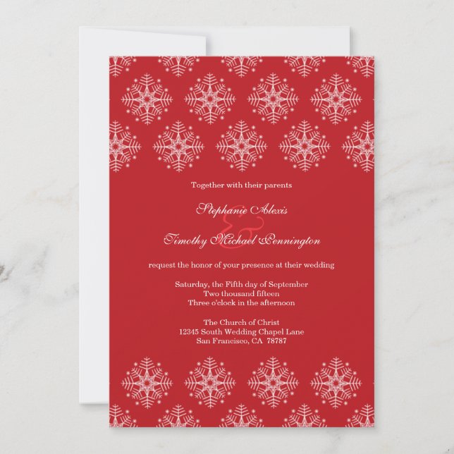 Red + blanc flocon de neige invitation de mariage  (Devant)