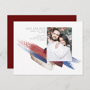Red Blue and Gold Modern Save the Date Photo