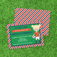 Red Blue Blonde Girl Soccer Invitation Anniversair