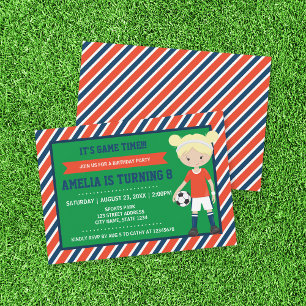 Red Blue Blonde Girl Soccer Invitation Anniversair
