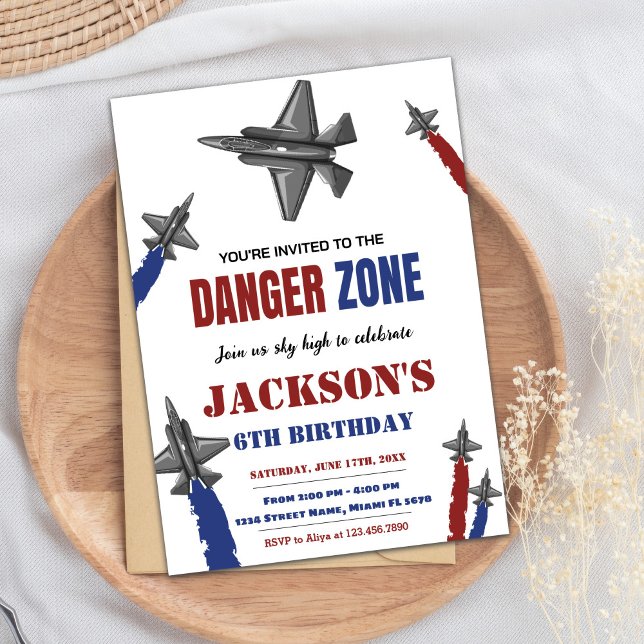 Red Blue Grey Fighter Jet Invitations Anniversaire (Red Blue Gray Fighter Jet Birthday Invitations)