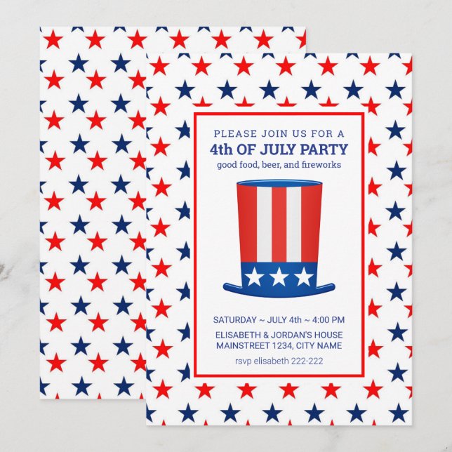 Red Blue Stars 4 juillet Invitations (Devant / Derrière)
