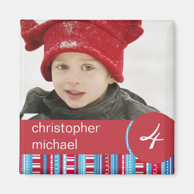 Red Blue Stripes & Dots Anniversaire Photo Magnet (Devant)