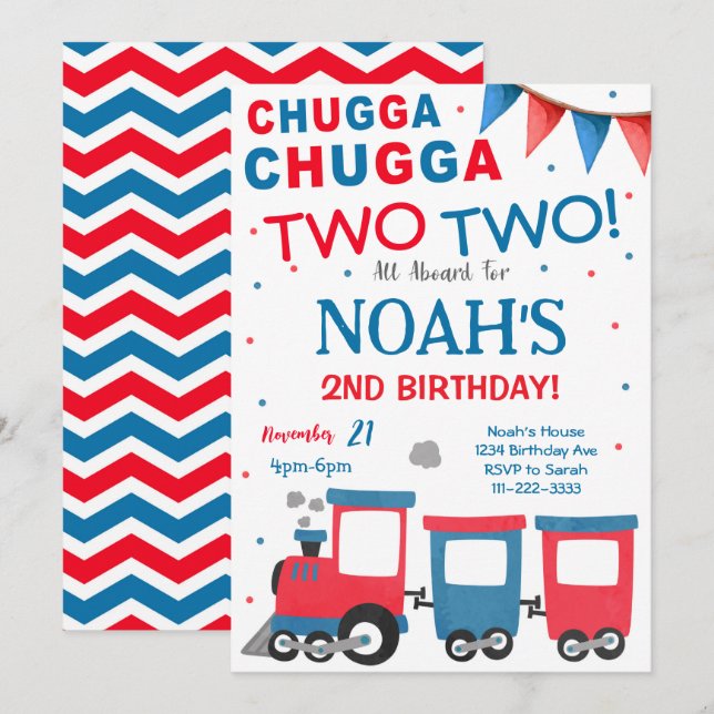 Red Blue Train 2ème anniversaire Invitation (Devant / Derrière)