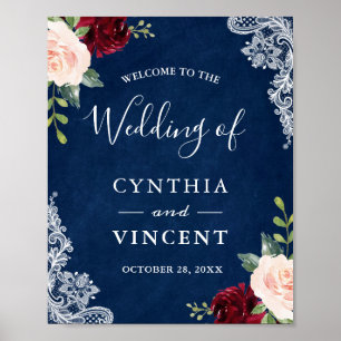 Red Blush Floral Navy Blue Mariage Affiche de bien