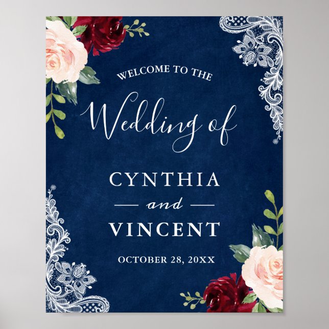 Red Blush Floral Navy Blue Mariage Affiche de bien (Devant)