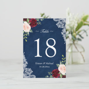 Red Blush Floral Navy Blue Mariage Numéro de table