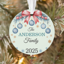 Red Bow Blue Ornaments Family Name 2025 Christmas