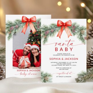 Red Bow Christmas Père Noël Baby shower Invitation