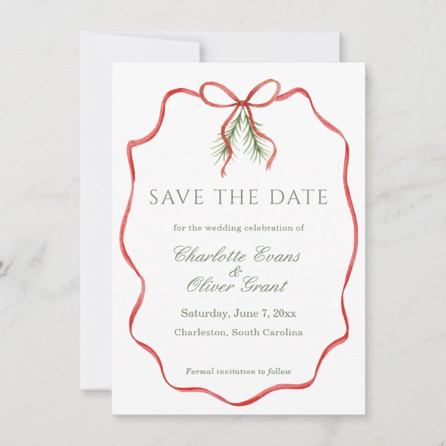 Red Bow Ribbon Winter Save The Date (Devant)