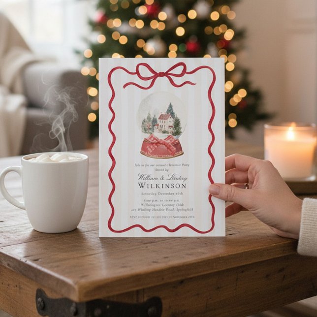 Red Bow Snow Globe Christmas Party Invitation (Créateur téléchargé)
