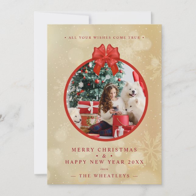 Red Bow Snowflakes Christmas Round Family Photo (Devant)