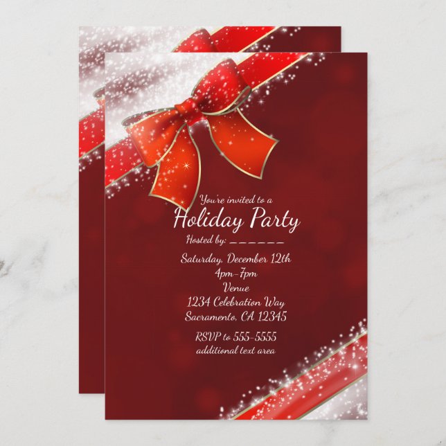 Red Bow & Sparkles Christmas Holiday Invitations (Devant / Derrière)