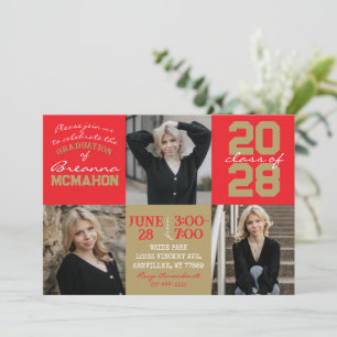 Red & Bronze Gold 3 Photo Graduation Invitation