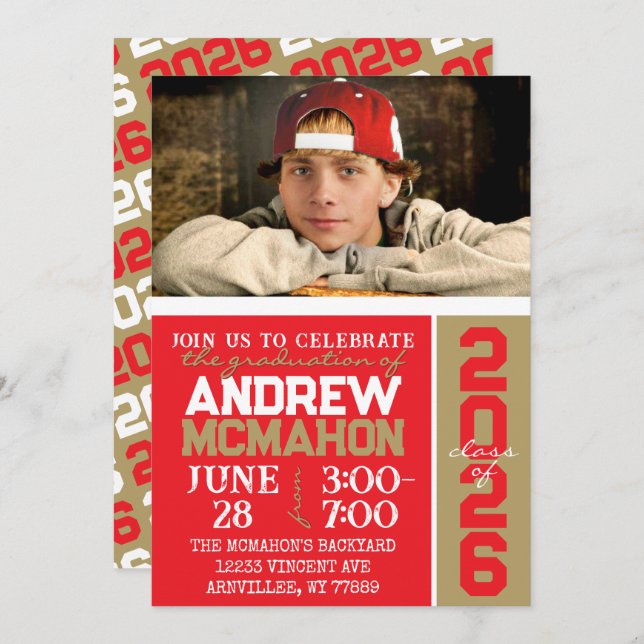 Red & Bronze Gold Graduation Photo Invitation (Devant / Derrière)