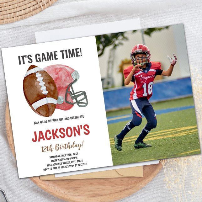 Red Brown Football Anniversaire Invitation avec ph (Red Brown Football Birthday Invitations with photo)