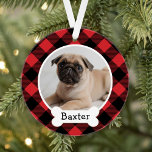 Red Buffalo Plaid Custom Pet Puppy Dog Photo<br><div class="desc">Personalize this consolive red and black buffalo check plaid ornament design with a photo of your puppy dog with their first on the dog bone monogram nameplate. A great keepsake vend pour dog lovers,  to celebrate a puppy's first christmas or to cherish the memory of a beloved family dog.</div>