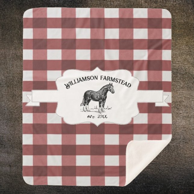 Red Buffalo Plaid Farm Horse Sherpa Blanket (Red Buffalo Plaid Farm Horse Personalized Sherpa Blanket)
