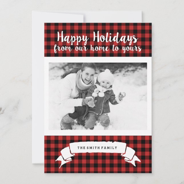 Red Buffalo Plaid Happy Holidays Carte photo (Devant)
