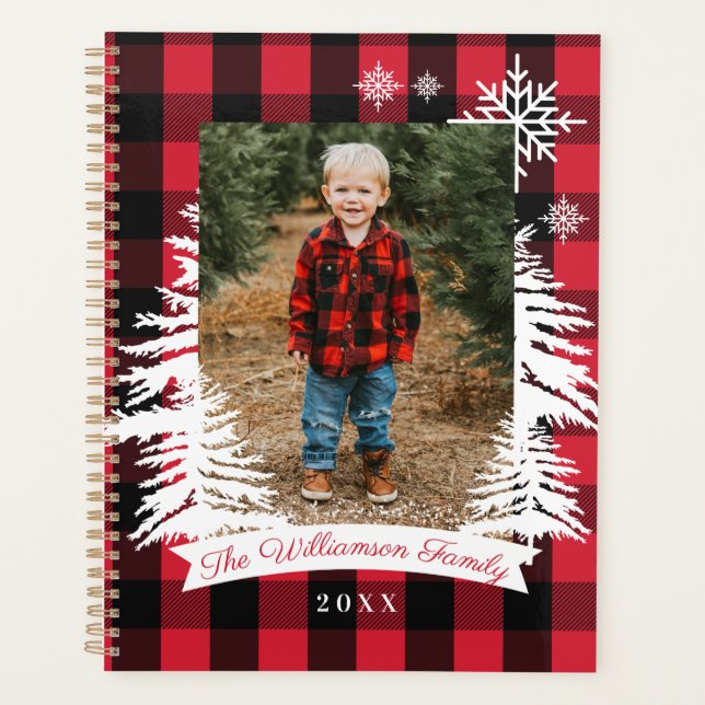 Red Buffalo Plaid Rustic Pine Trees Family Photo (Devant)