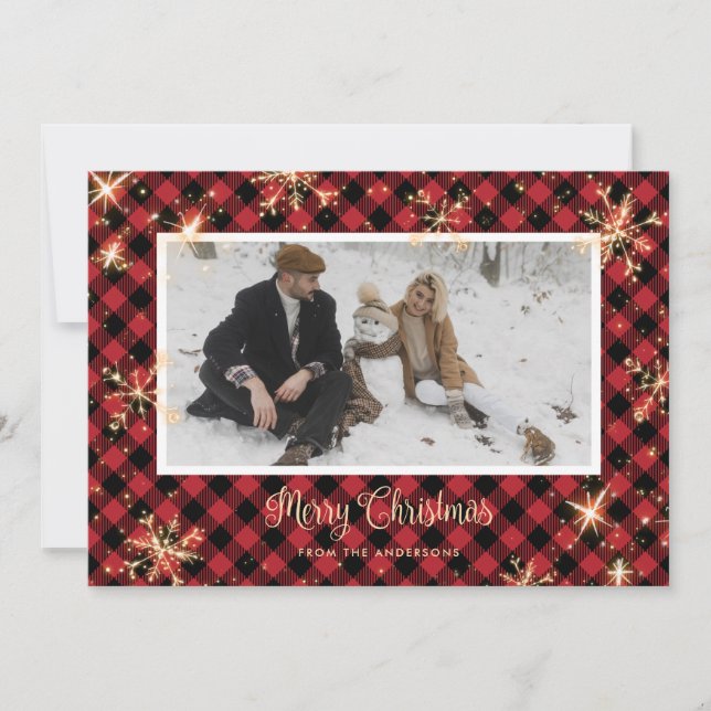 Red Buffalo Plaid Sparkly Photo Cartes de Noël (Devant)