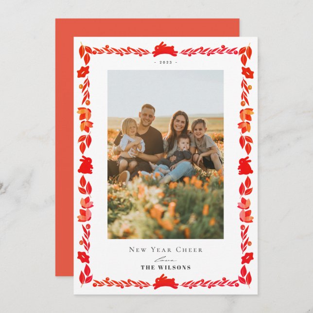 Red Bunny Folk Art Nouvel An Vacances Carte photo (Devant / Derrière)