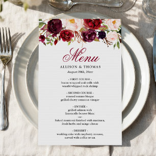 Red Burgundy Blush Floral Chic Mariage Dîner Menu