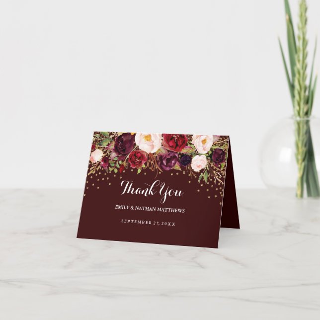 Red Burgundy Gold Floral Mariage Carte de remercie (Devant)