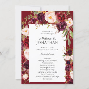 Red Burgundy Marsala Floral Wedding Programme