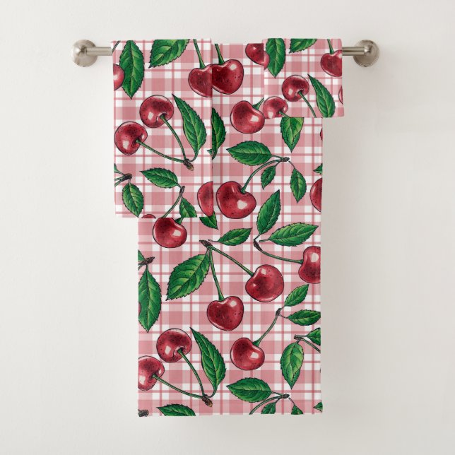 Red cherries on pink gingham (En situation)