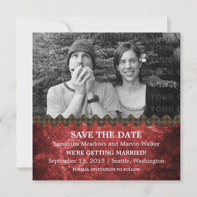 Red Chic Steampunk Photo Save the Date Invitation (Devant)