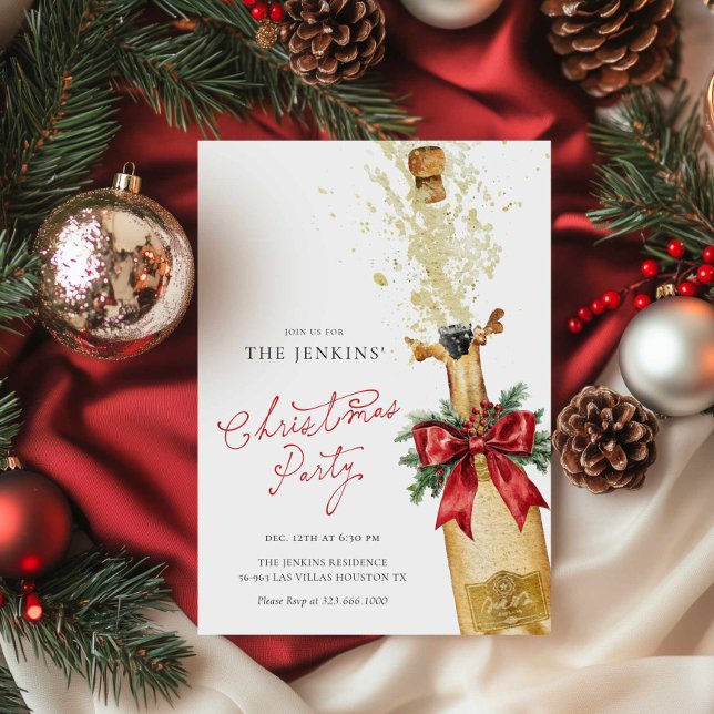 Red Christmas Cocktail Party Invitation (Elegant Cocktail Christmas Holiday Party Invitation - Office Christmas Party Invite - Red Bow )