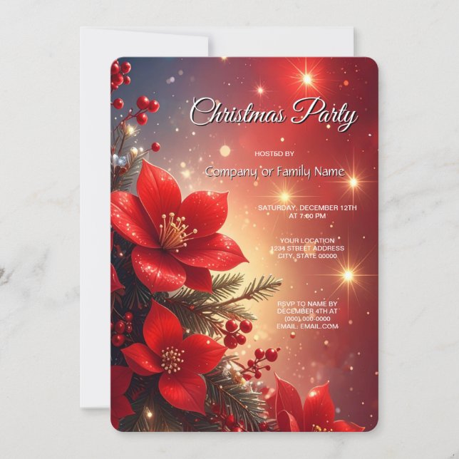 Red Christmas Floral Holiday Party Invitation (Devant)