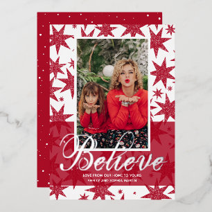 Red Christmas Photo Believe Foil Carte de vacances