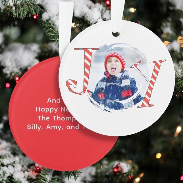 Red Christmas Stripes Photo Joie Typographie (Joy Photo Typography Red and White Striped Ornaments.)