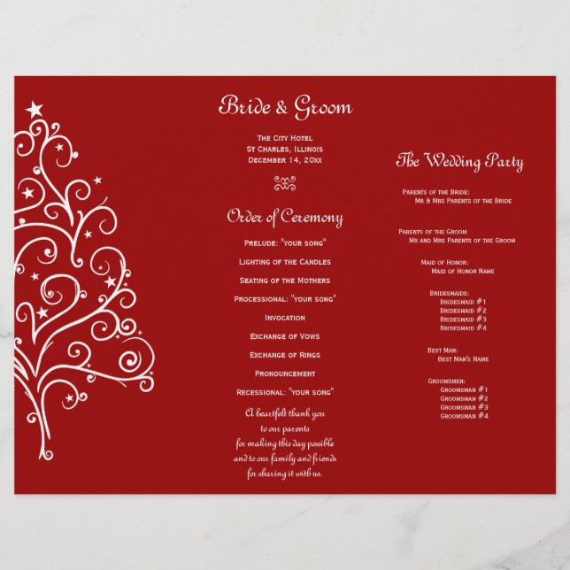 Red Christmas Tree Winter Tri Fold Wedding Program (Devant)