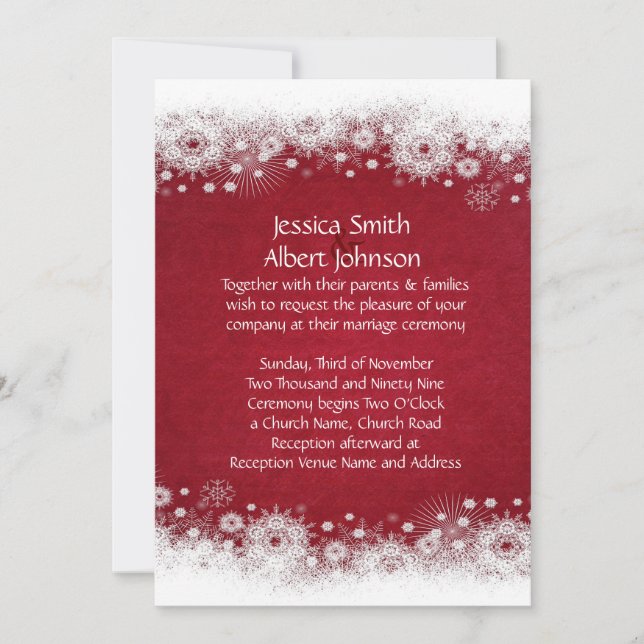 Red Christmas White Snowflakes Wedding Invitation (Devant)