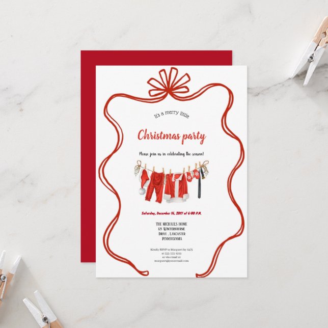 Red clothesline christmas invitation (Devant/Arrière en situation)