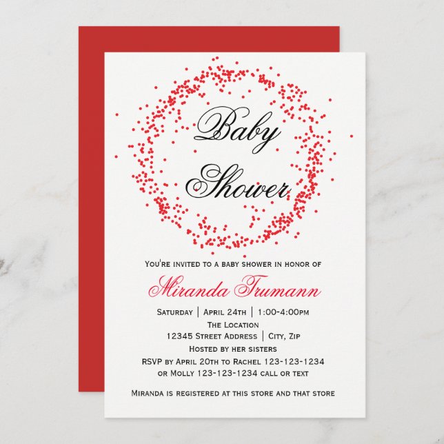 Red Confetti - Invitation Baby shower (Devant / Derrière)