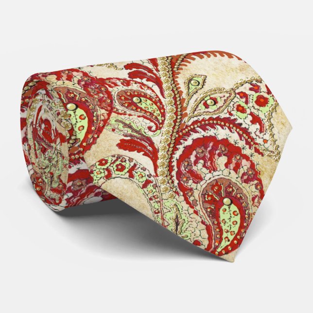Red Coral Lime Paisley Cravate Mariage (Roulé)