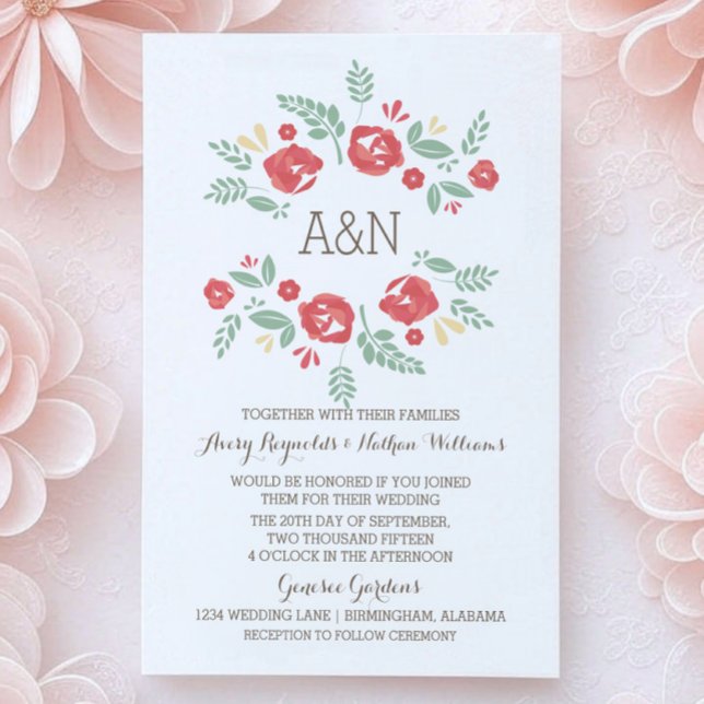 Red Country Floral Monogramme Invitation de mariag (Red Country Floral Monogram Wedding Invite)