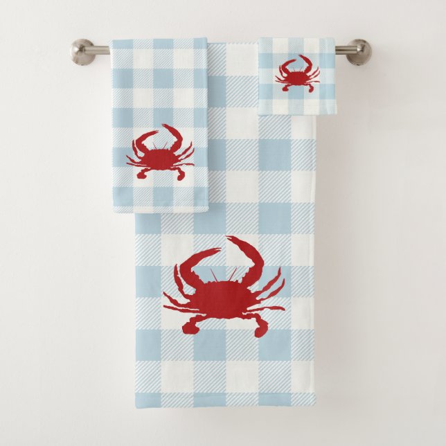 Red Crab Check Gingham Pattern Bath Towel Set (En situation)