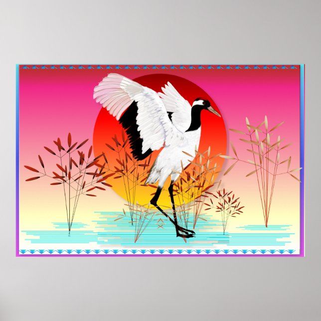 Red Crowned Crane and Setting Sun Posters (Devant)