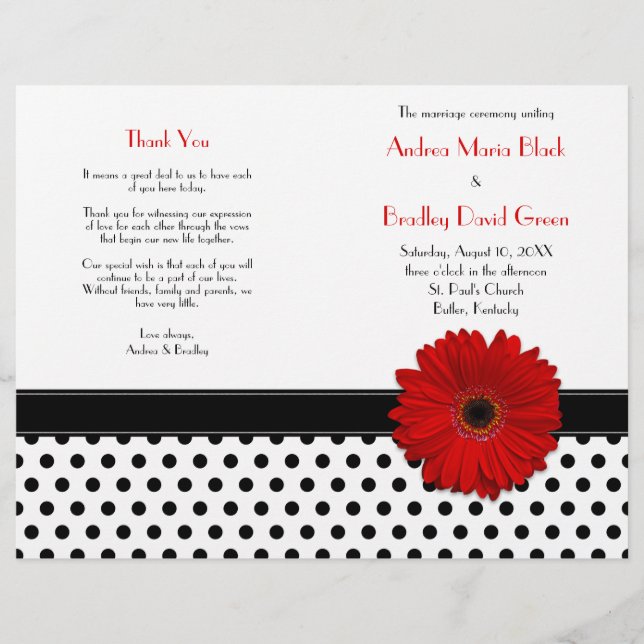 Red Daisy Black White Polka Programme de mariage a (Devant)