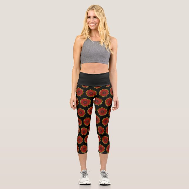 Red Daisy sur Arrière - plan noir Capri Leggings (Recto)