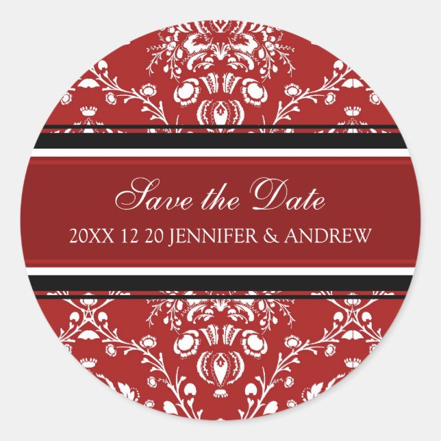 Red Damask Enregistrer la date Stickers Mariage d' (Devant)