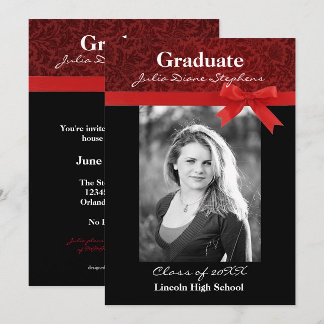 Red Damask & Red Bow - Faire-part de diplôme (Devant / Derrière)