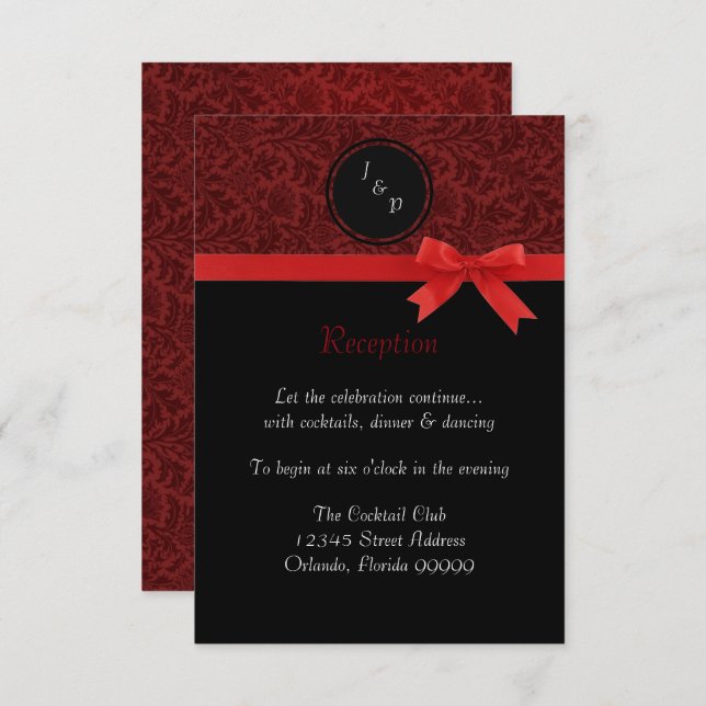 Red Damask & Red Bow - Invitation à la réception (Devant / Derrière)