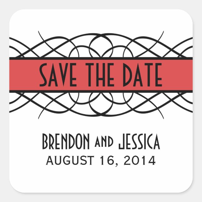 Red Deco Flourish Save the Date Stickers (Devant)
