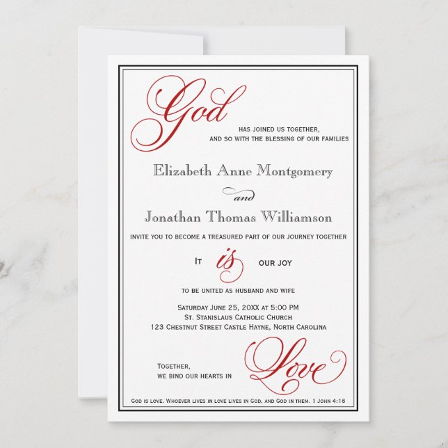 Red Dieu est Amour Mariage chrétien Invitations (Devant)